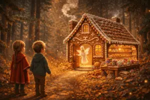 Kinder vor einem Lebkuchenhaus mit einer Backfee