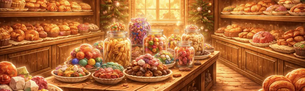 Wunderschön präsentierter Tisch voller Bonbons, Gebäck und Süßigkeiten